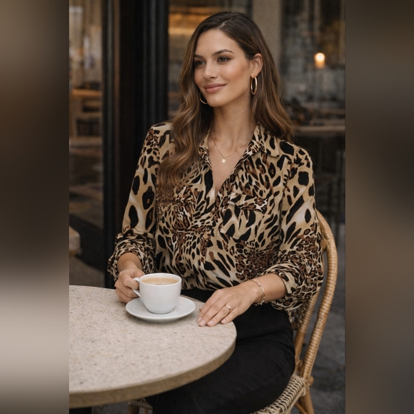Womens Leopard Blouse Animal Print Top Chic Work Office Button Front - Picture 7 of 8